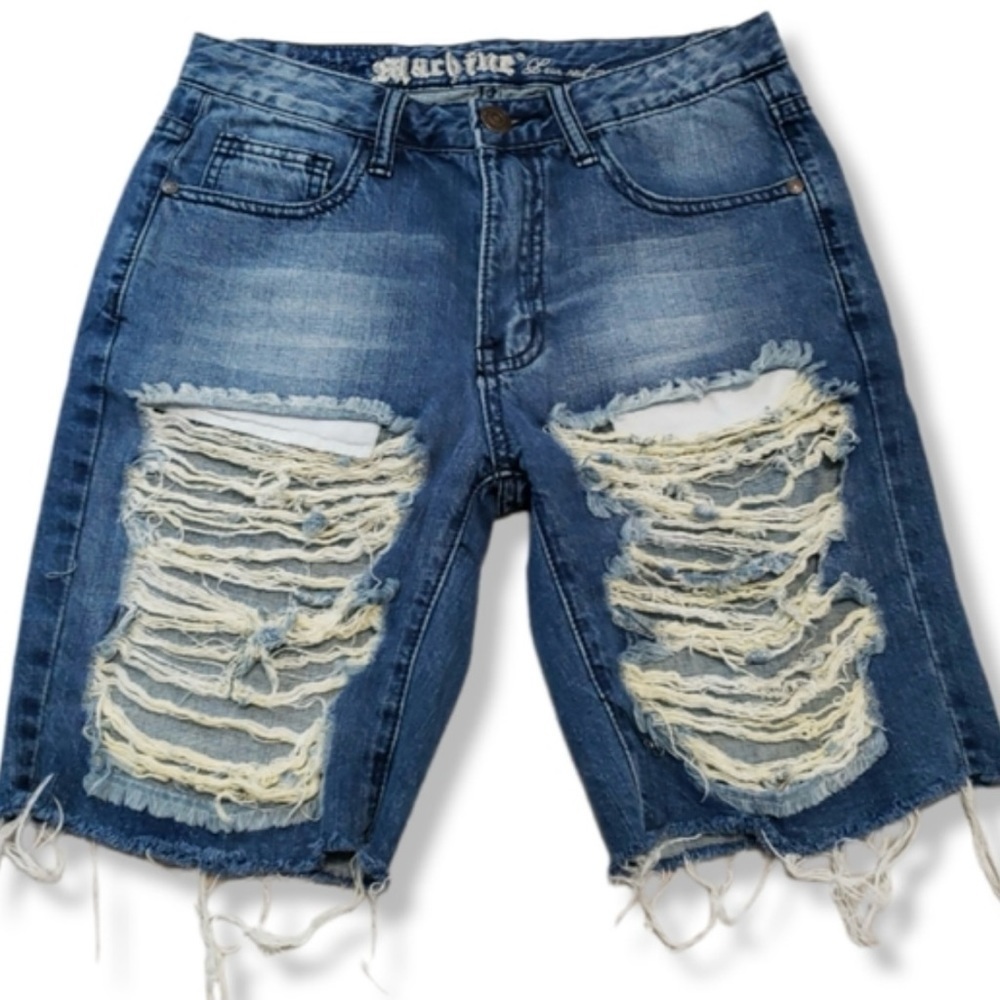 Machine Blue Denim Shorts
Cut Offs Distressed Destroyed Torn Ripped shorts